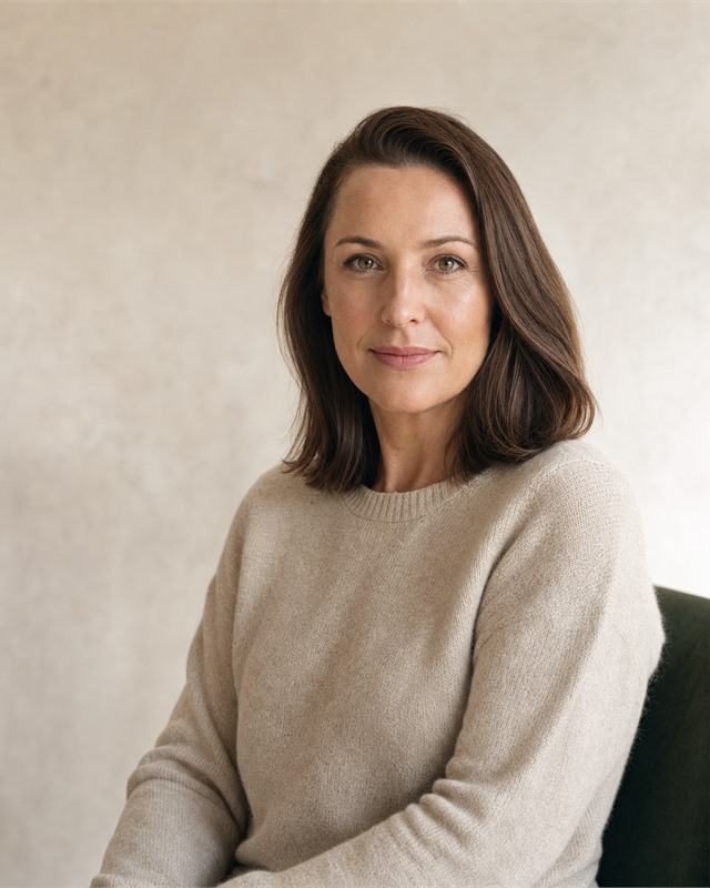 Cara Linden, executive coach, photographed in soft window light against a warm linen backdrop