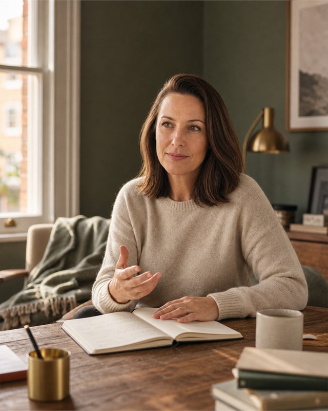 Cara Linden in a quiet study at her London desk, mid-conversation, soft afternoon light